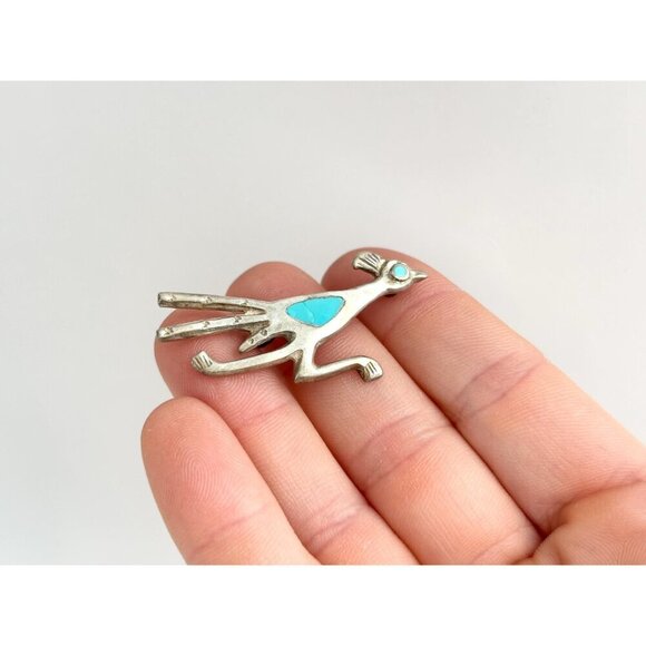Navajo Road Runner Sterling Silver Turquoise Southwest Vintage Brooch - Picture 9 of 10